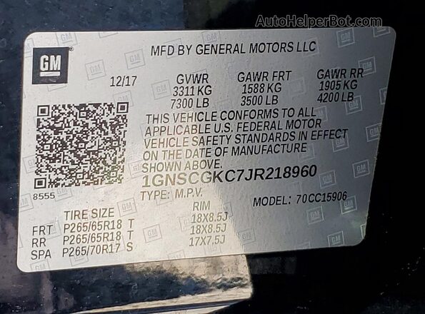 1GNSCGKC7JR218960 2018 CHEVROLET SUBURBAN Black Vista de la etiqueta del VIN