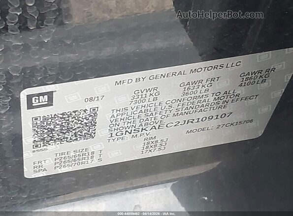 1GNSKAEC2JR109107 2018 CHEVROLET TAHOE Черный Вид подкапотного пространства