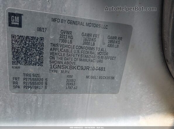 1GNSKBKC9JR104481 2018 CHEVROLET TAHOE Silver Շարժիչի բաժամունքի տեսք