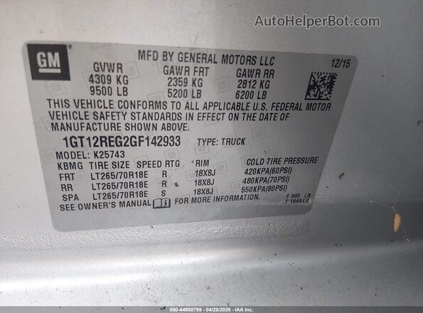 1GT12REG2GF142933 2016 GMC SIERRA Silver 