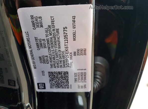 1GTP2FEK6T1105775 2026 GMC CANYON Black VIN կոդի պիտակի տեսք