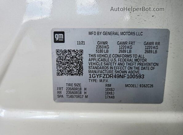 1GYFZDR49NF100593 2022 CADILLAC XT4 White Вид наклейки з VIN-кодом