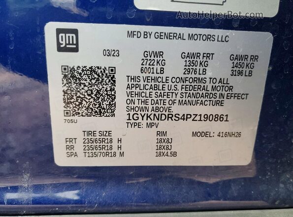 1GYKNDRS4PZ190861 2023 CADILLAC XT5 Blue VIN sticker view