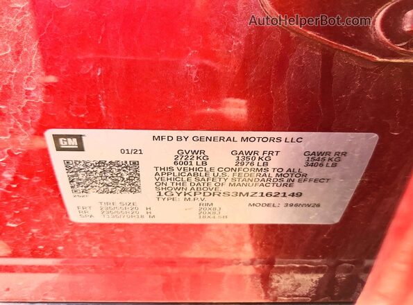 1GYKPDRS3MZ162149 2021 CADILLAC OTHER Burgundy Вид наклейки з VIN-кодом