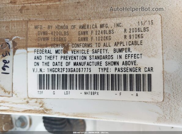 1HGCR2F3XGA067775 2016 HONDA ACCORD White Вид підкапотного простору