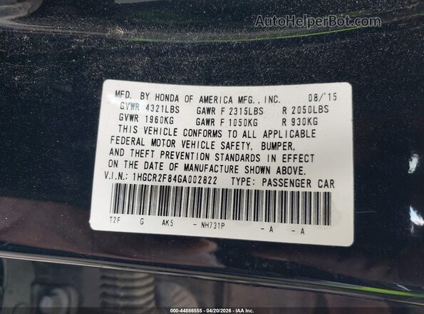 1HGCR2F84GA002822 2016 HONDA ACCORD Black Widok komory silnika