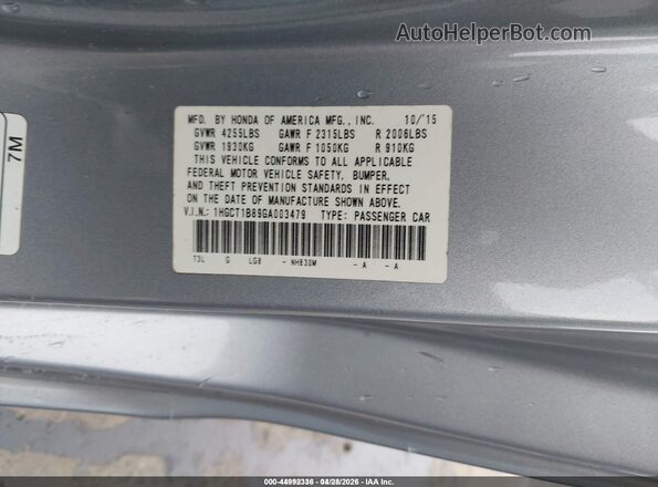 1HGCT1B89GA003479 2016 HONDA ACCORD Silver Engine compartment view