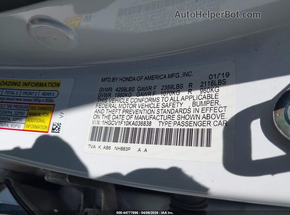 1HGCV1F10KA036838 2019 HONDA ACCORD Белый Вид подкапотного пространства