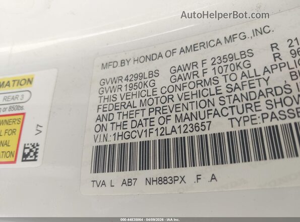 1HGCV1F12LA123657 2020 HONDA ACCORD Белый Вид подкапотного пространства