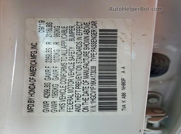 1HGCV1F16KA173038 2019 HONDA ACCORD White Widok wnętrza 360 stopni