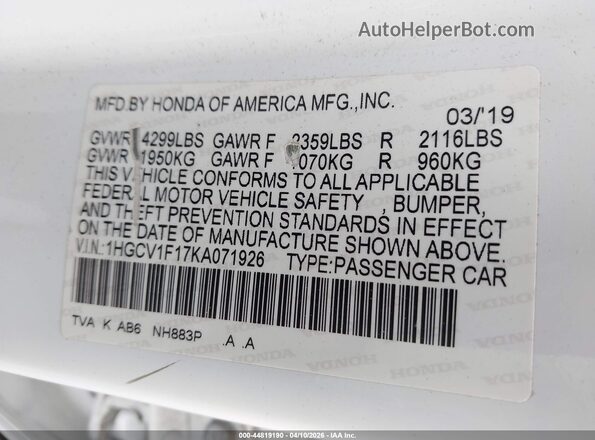 1HGCV1F17KA071926 2019 HONDA ACCORD White Vista del compartimento del motor