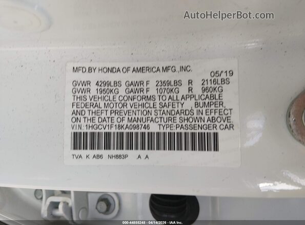 1HGCV1F18KA098746 2019 HONDA ACCORD White Շարժիչի բաժամունքի տեսք