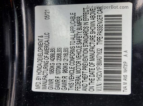 1HGCV1F18MA071632 2021 HONDA ACCORD Black VIN sticker view