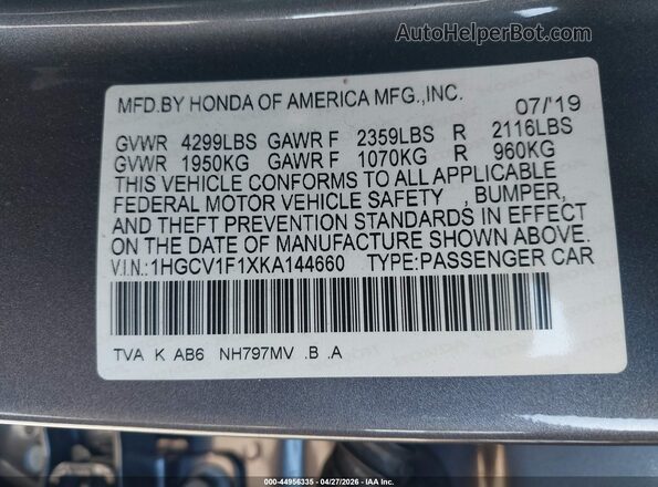 1HGCV1F1XKA144660 2019 HONDA ACCORD Gray Engine compartment view