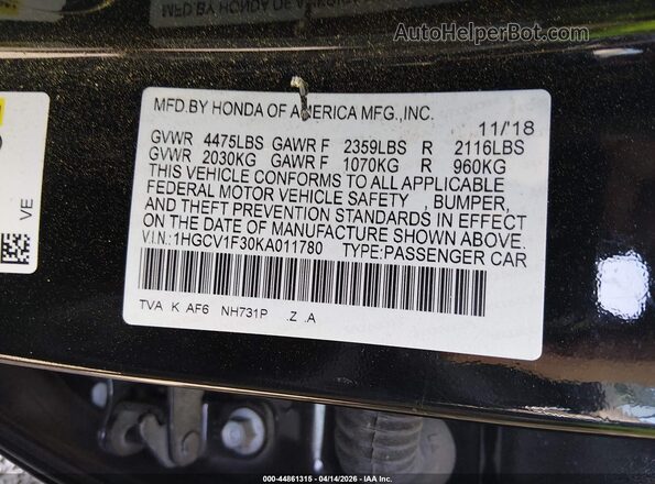 1HGCV1F30KA011780 2019 HONDA ACCORD Black ძრავის განყოფილების ხედი