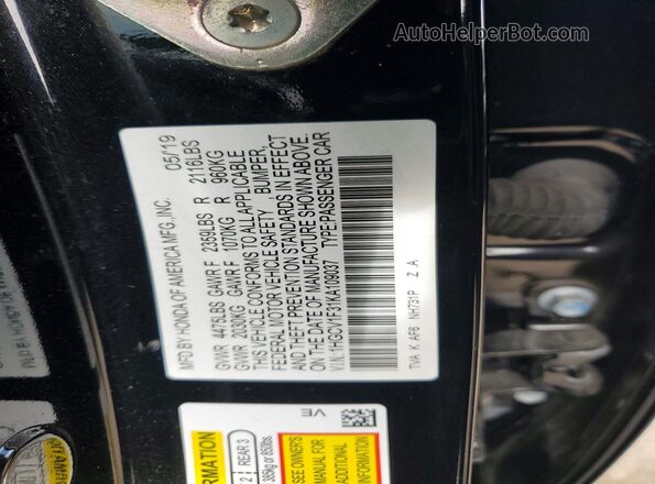 1HGCV1F31KA109037 2019 HONDA ACCORD Black Widok naklejki z numerem VIN