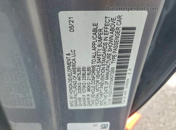 1HGCV1F31MA073269 2021 HONDA ACCORD Silver 