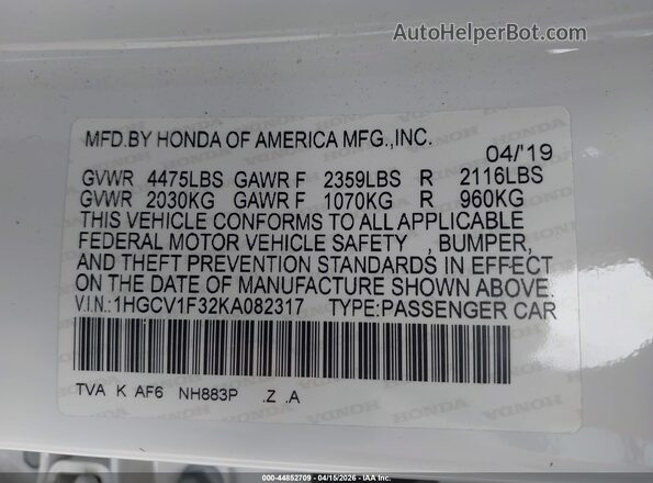 1HGCV1F32KA082317 2019 HONDA ACCORD Белый Вид подкапотного пространства