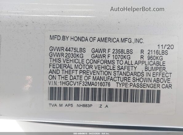 1HGCV1F32MA016076 2021 HONDA ACCORD White Engine compartment view