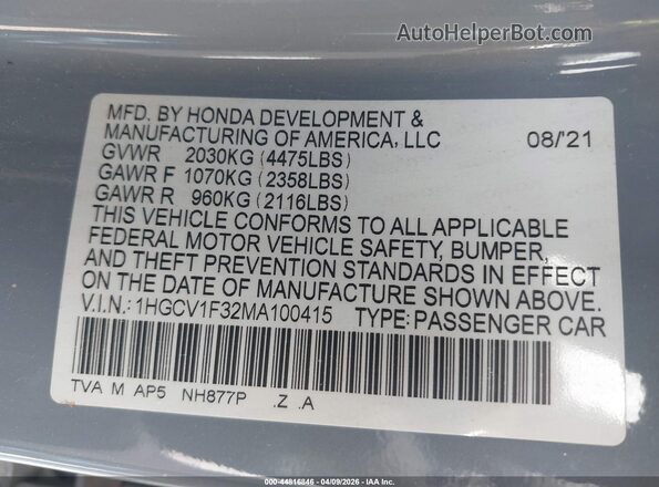 1HGCV1F32MA100415 2021 HONDA ACCORD Gray ძრავის განყოფილების ხედი