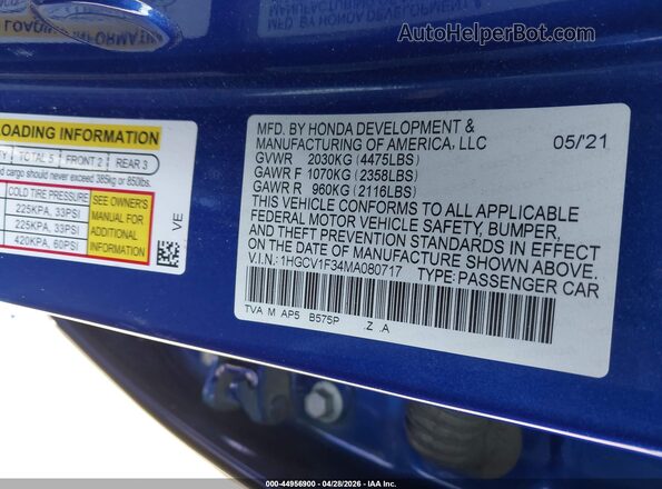1HGCV1F34MA080717 2021 HONDA ACCORD Blue 