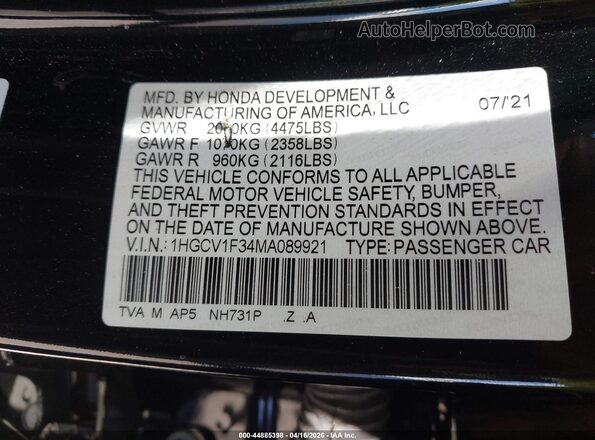 1HGCV1F34MA089921 2021 HONDA ACCORD Black Widok komory silnika