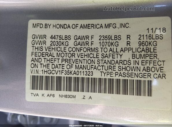 1HGCV1F35KA011323 2019 HONDA ACCORD Silver Вид підкапотного простору