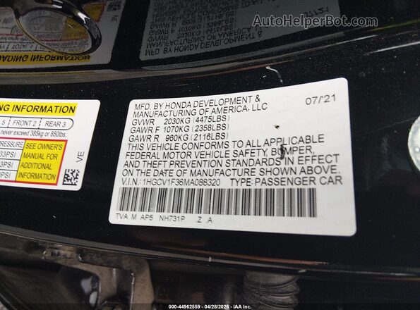 1HGCV1F36MA088320 2021 HONDA ACCORD Black ძრავის განყოფილების ხედი