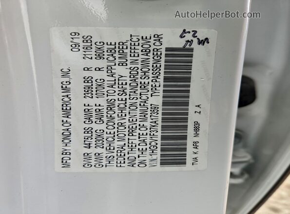 1HGCV1F37KA173597 2019 HONDA ACCORD White 