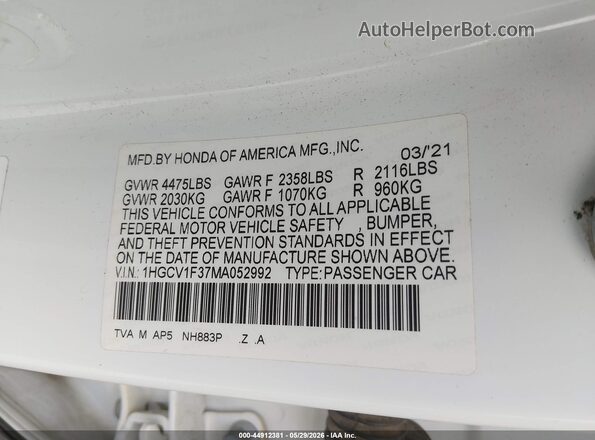 1HGCV1F37MA052992 2021 HONDA ACCORD White Vista del compartimento del motor