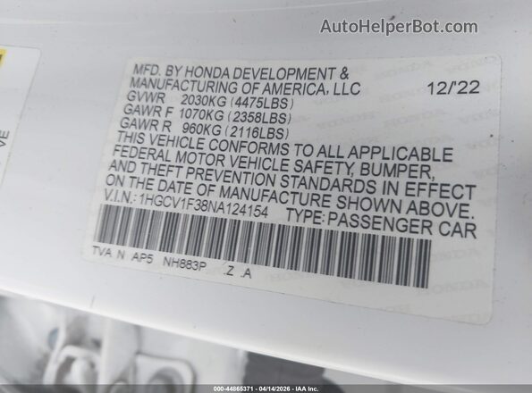 1HGCV1F38NA124154 2022 HONDA ACCORD White Շարժիչի բաժամունքի տեսք