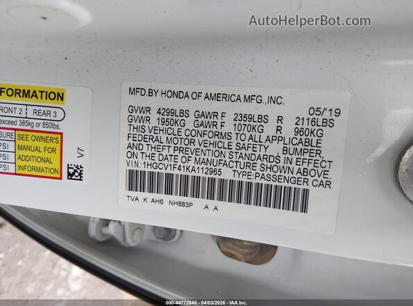 1HGCV1F41KA112965 2019 HONDA ACCORD White Engine compartment view