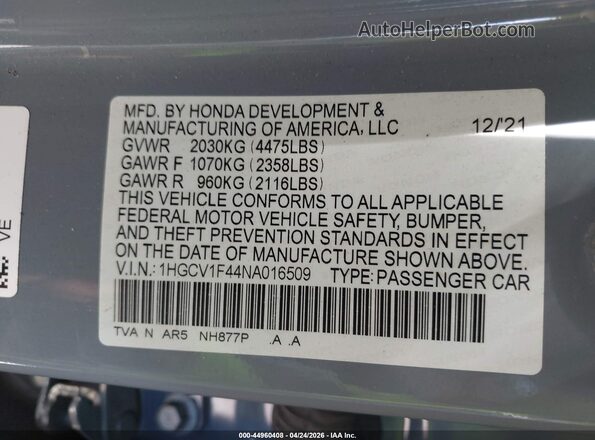 1HGCV1F44NA016509 2022 HONDA ACCORD Gray Engine compartment view
