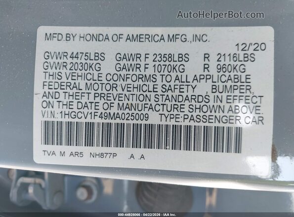 1HGCV1F49MA025009 2021 HONDA ACCORD Light Blue 