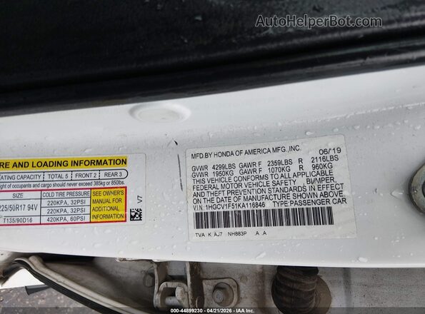 1HGCV1F51KA116846 2019 HONDA ACCORD White Vista del compartimento del motor