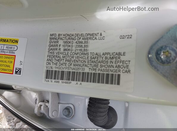 1HGCV1F57NA025133 2022 HONDA ACCORD White ძრავის განყოფილების ხედი