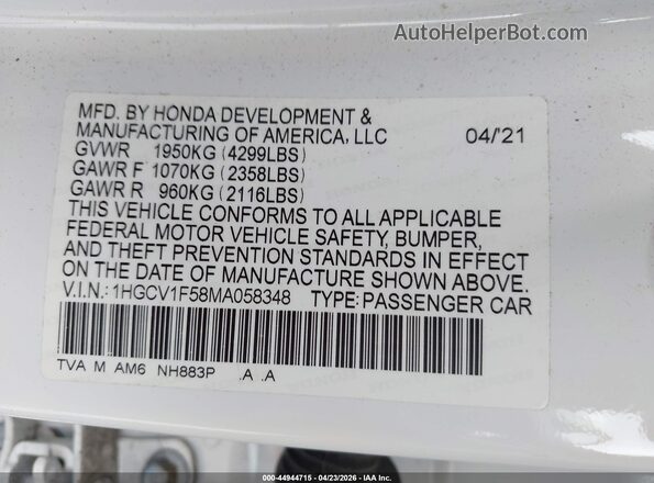 1HGCV1F58MA058348 2021 HONDA ACCORD White Engine compartment view