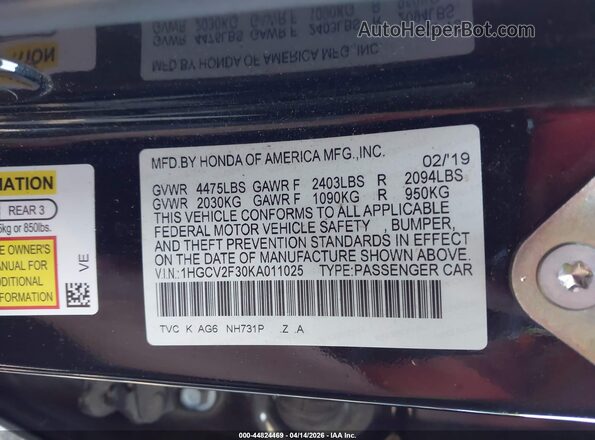 1HGCV2F30KA011025 2019 HONDA ACCORD Black Вид підкапотного простору