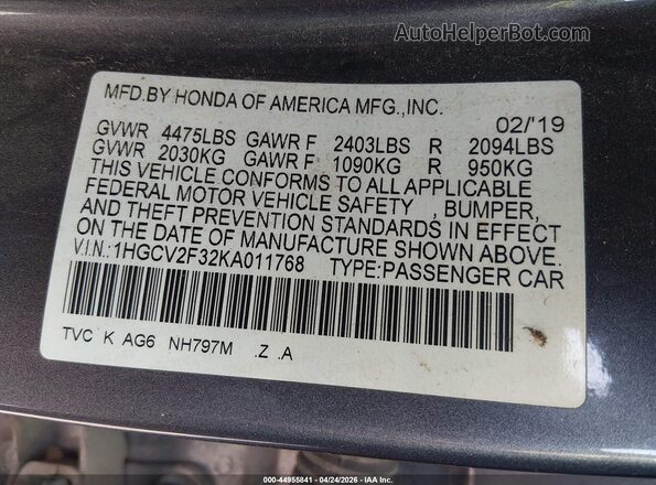 1HGCV2F32KA011768 2019 HONDA ACCORD Gray Вид підкапотного простору