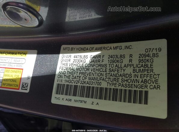 1HGCV2F32KA031700 2019 HONDA ACCORD Black Widok komory silnika