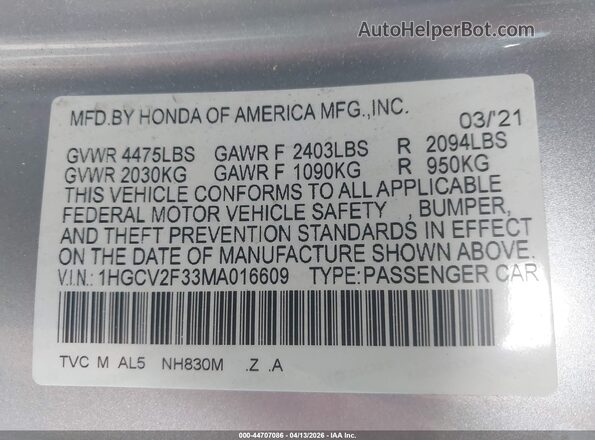 1HGCV2F33MA016609 2021 HONDA ACCORD Silver Engine compartment view