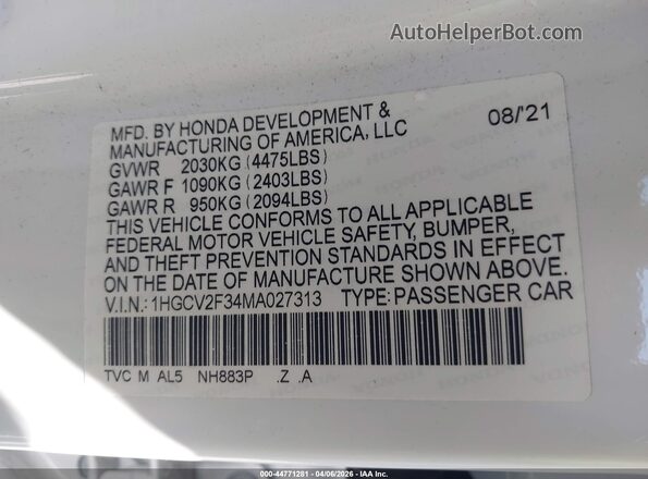 1HGCV2F34MA027313 2021 HONDA ACCORD White Vista del compartimento del motor
