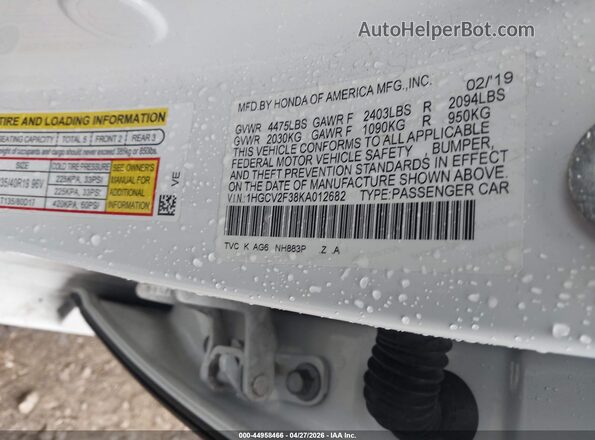 1HGCV2F38KA012682 2019 HONDA ACCORD White Engine compartment view