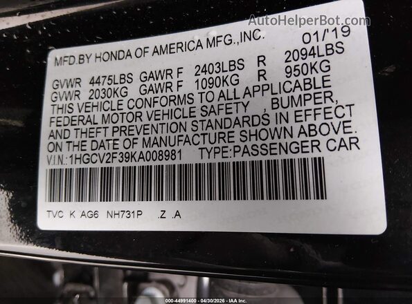 1HGCV2F39KA008981 2019 HONDA ACCORD Black Engine compartment view