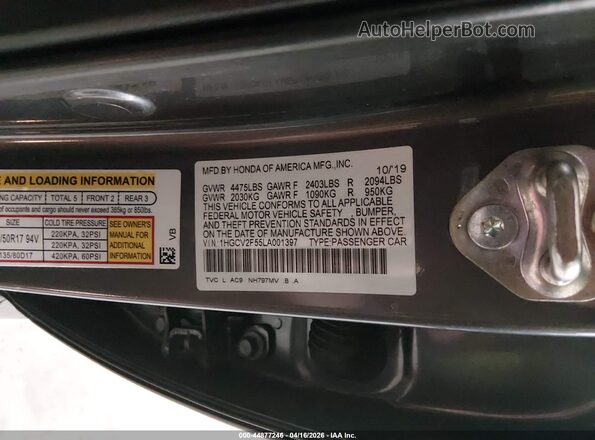 1HGCV2F55LA001397 2020 HONDA ACCORD Gray Engine compartment view