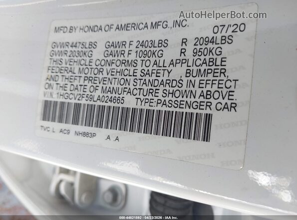 1HGCV2F59LA024665 2020 HONDA ACCORD White Շարժիչի բաժամունքի տեսք