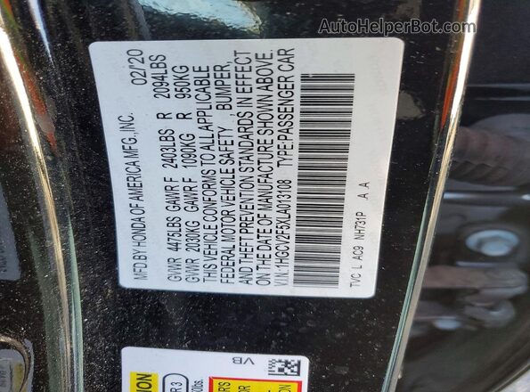 1HGCV2F5XLA013108 2020 HONDA ACCORD Black Vista del compartimento del motor