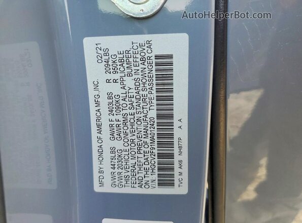 1HGCV2F91MA012420 2021 HONDA ACCORD Gray VIN կոդի պիտակի տեսք
