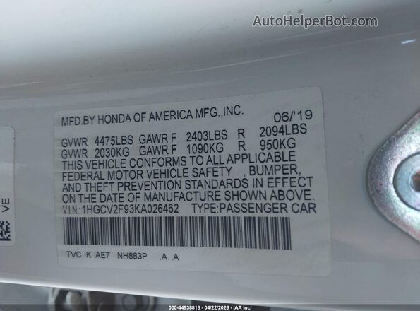 1HGCV2F93KA026462 2019 HONDA ACCORD White Вид підкапотного простору