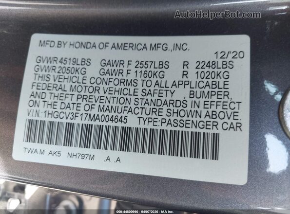 1HGCV3F17MA004645 2021 HONDA ACCORD HYBRID Gray 